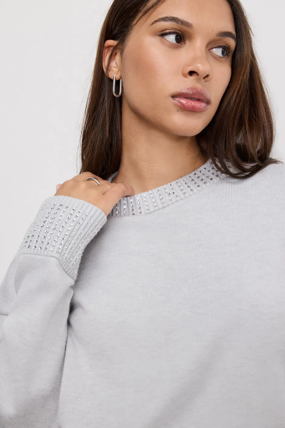 Good American Tops | Sweaters<CRYSTAL CREWNECK SWEATER Heather grey001