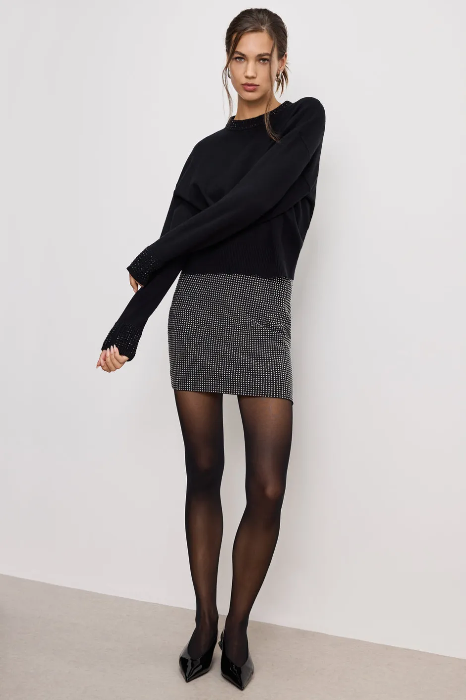 Good American Tops | Sweaters<CRYSTAL CREWNECK SWEATER Black001