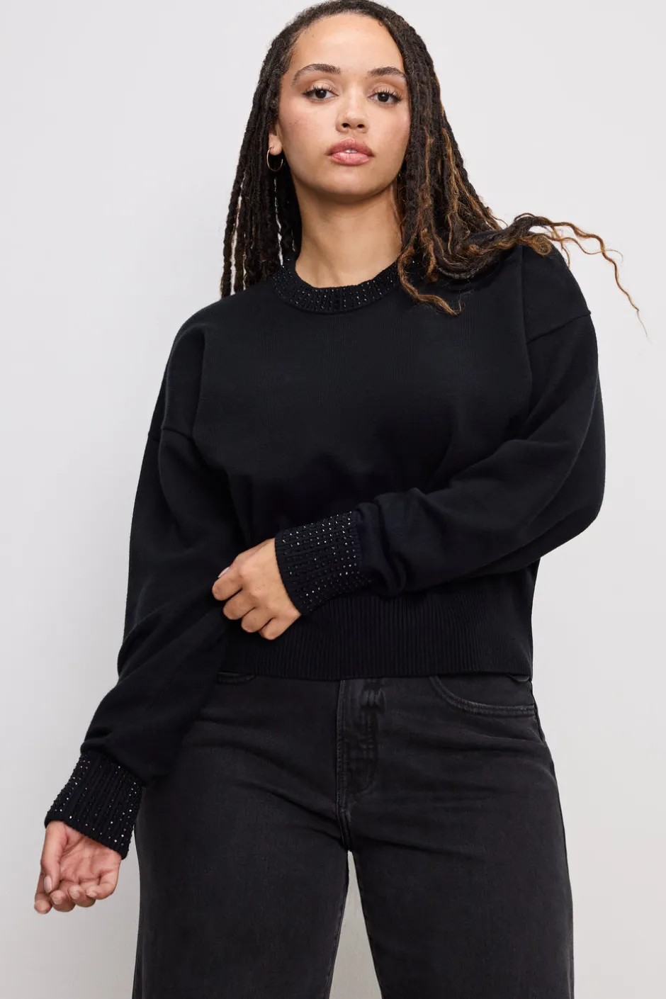 Good American Tops | Sweaters<CRYSTAL CREWNECK SWEATER Black001