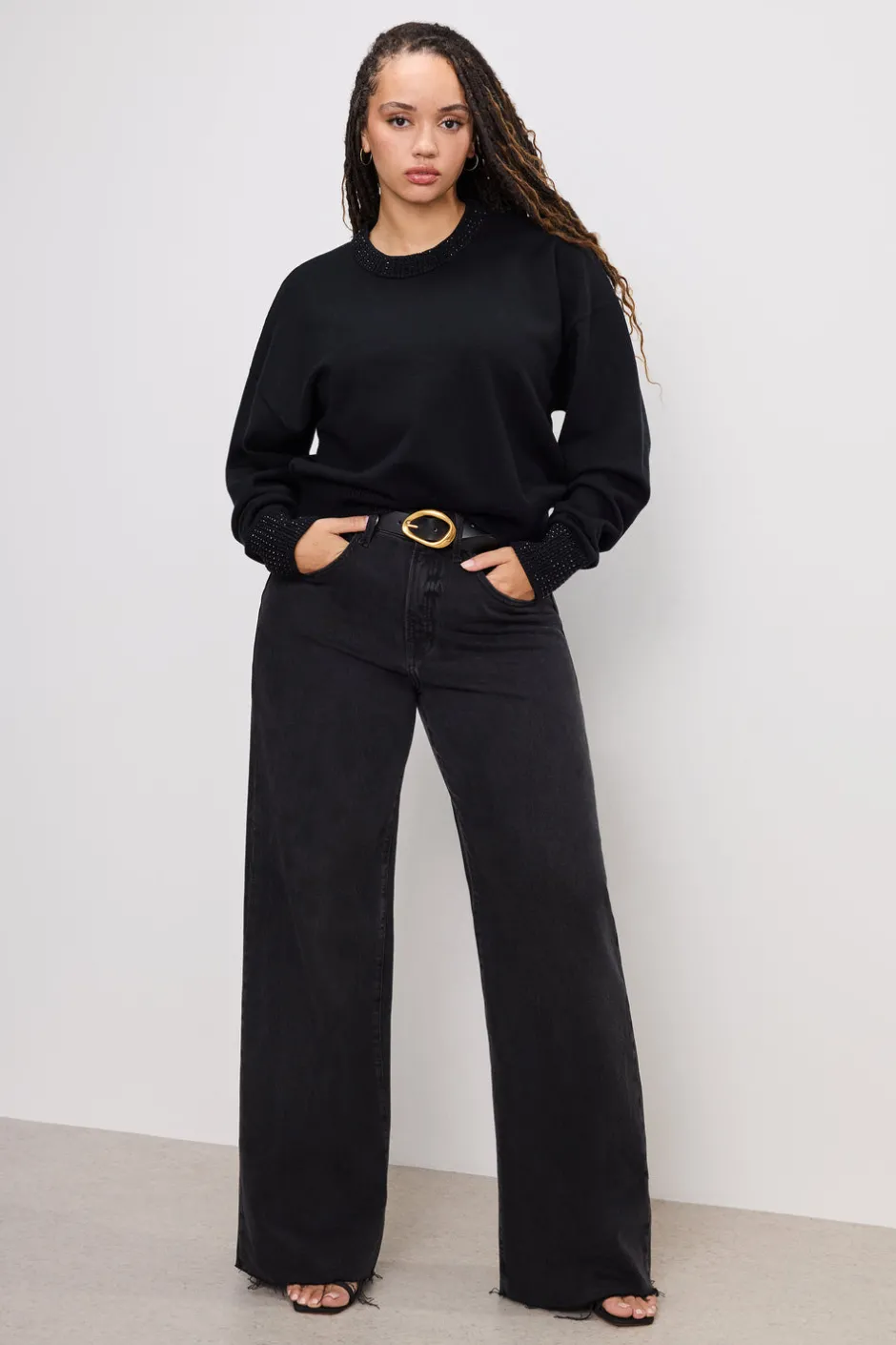 Good American Tops | Sweaters<CRYSTAL CREWNECK SWEATER Black001