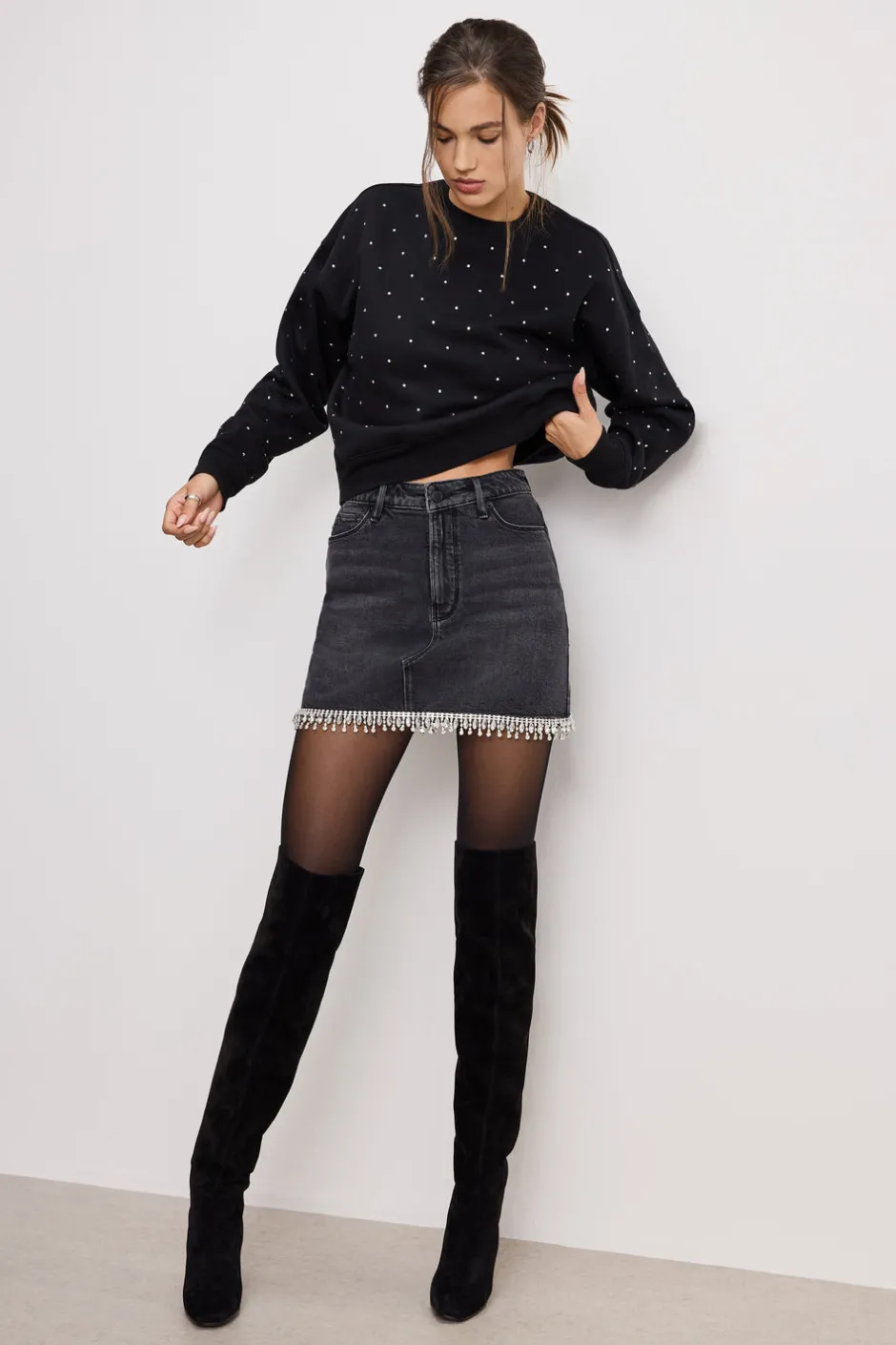 Good American Shorts & Skirts<DENIM CRYSTAL TRIM SKIRT Black376