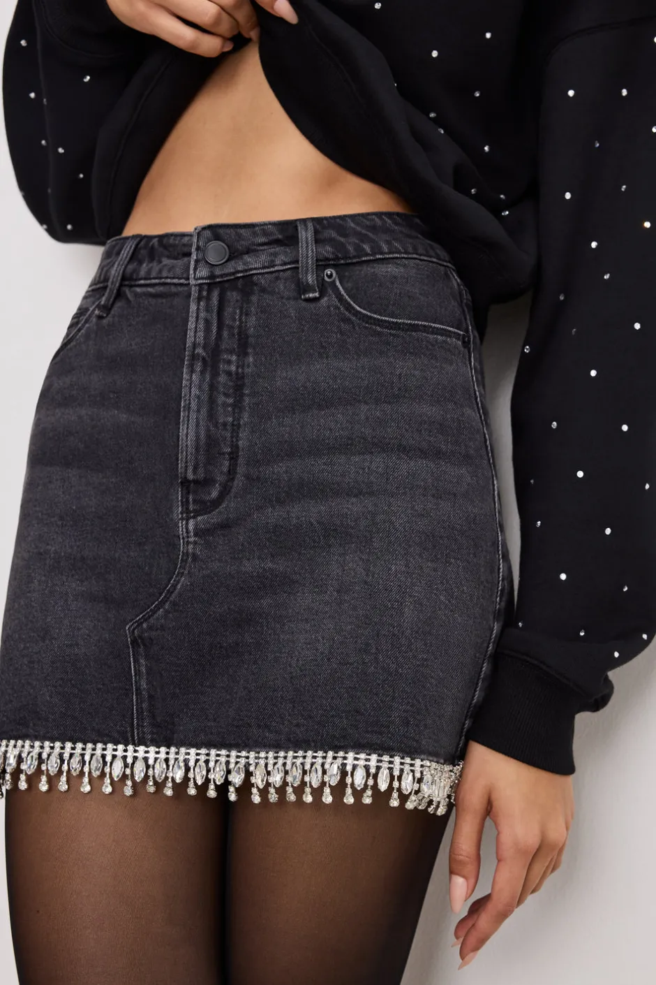 Good American Shorts & Skirts<DENIM CRYSTAL TRIM SKIRT Black376