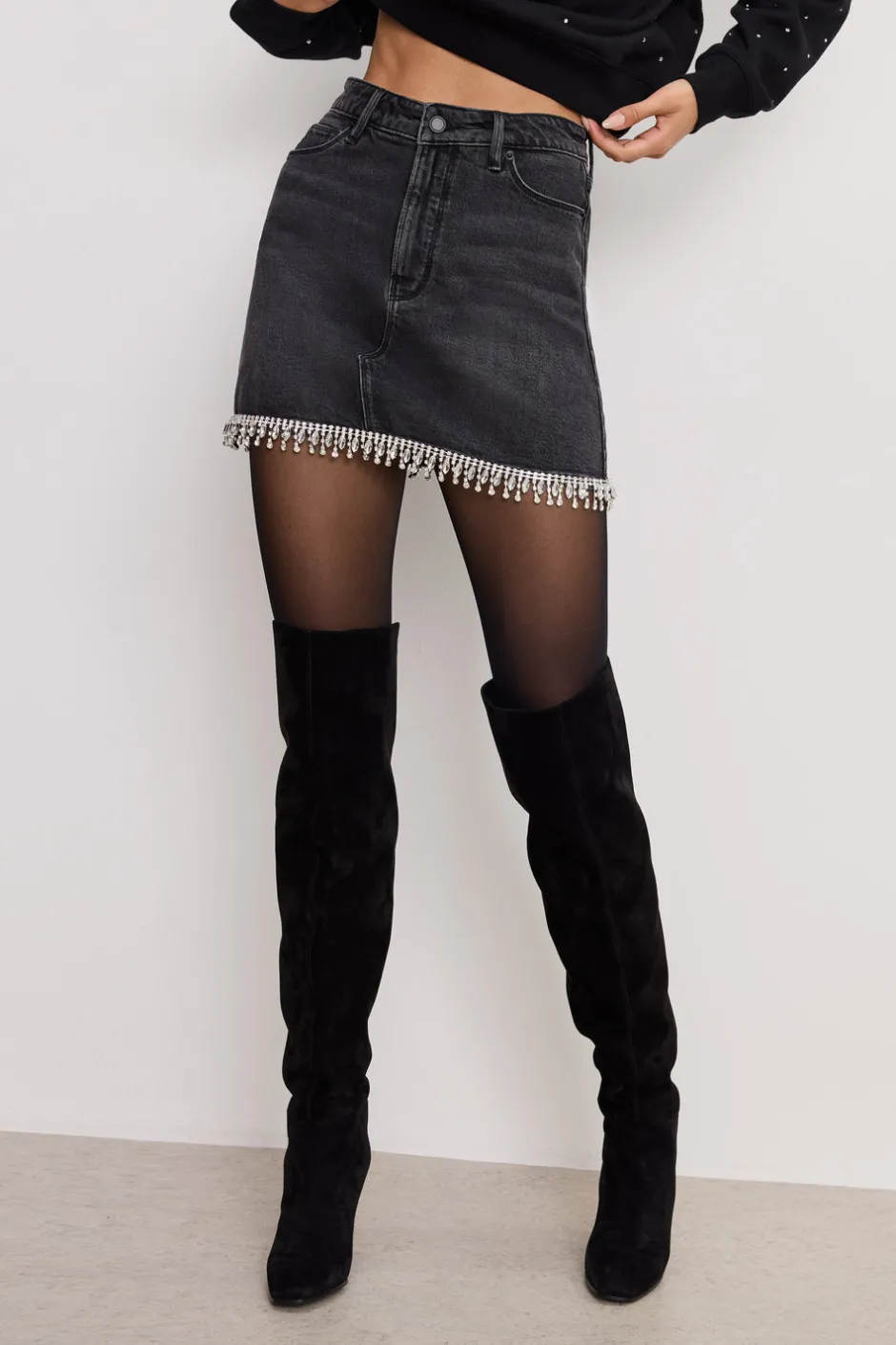Good American Shorts & Skirts<DENIM CRYSTAL TRIM SKIRT Black376