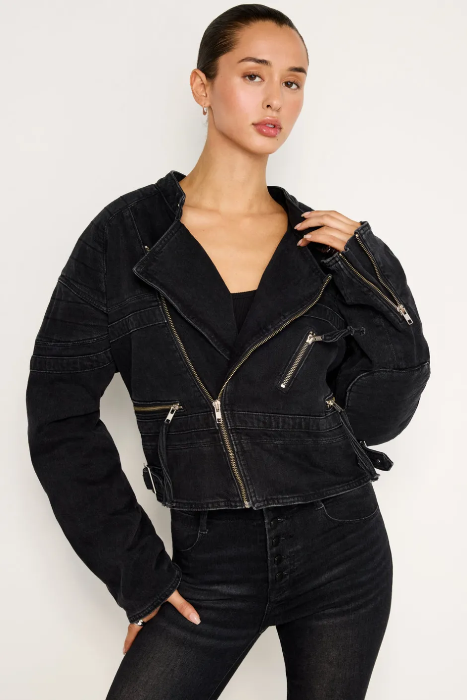 Good American Outerwear<DENIM MOTO JACKET Black351