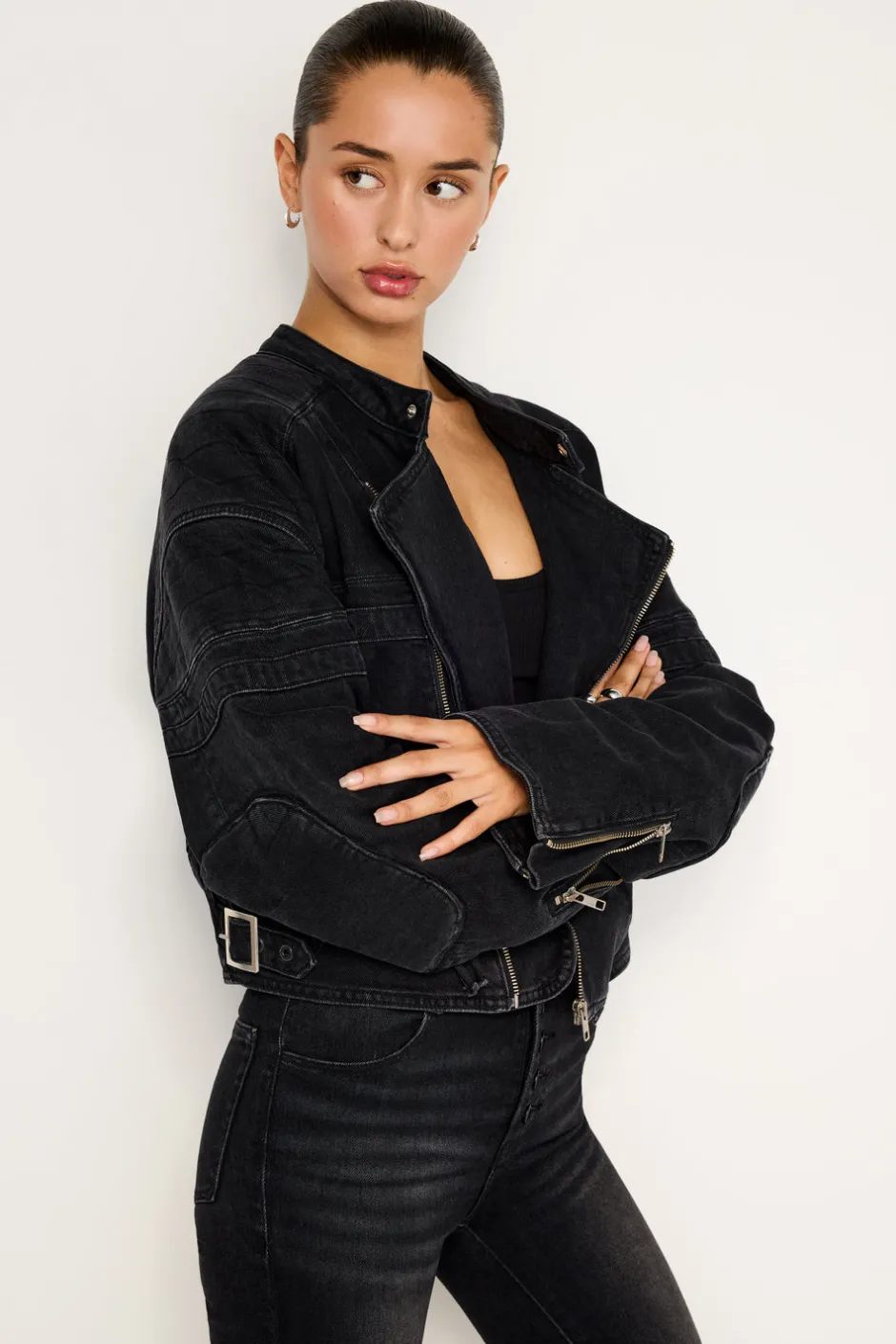 Good American Outerwear<DENIM MOTO JACKET Black351