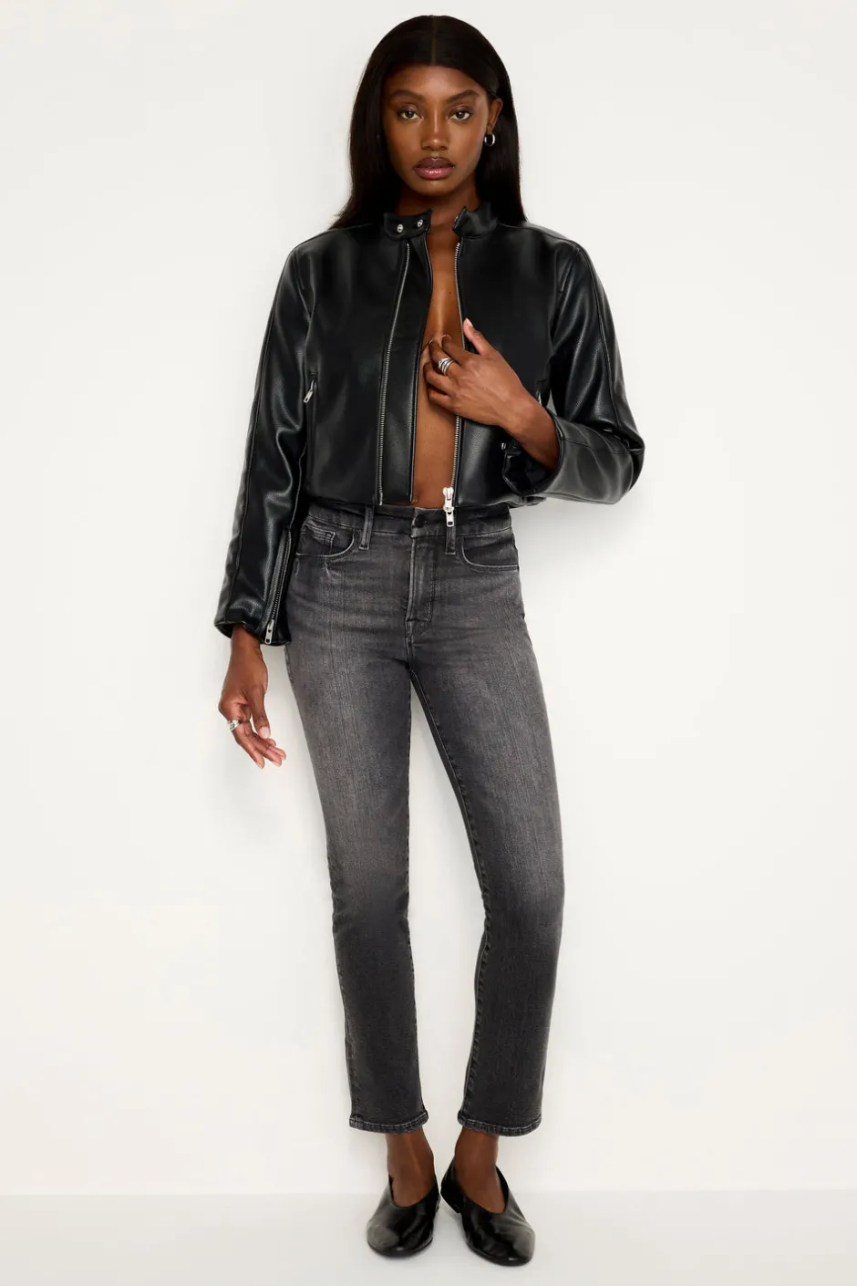 Good American Outerwear<FAUX LEATHER MOTO JACKET Black001