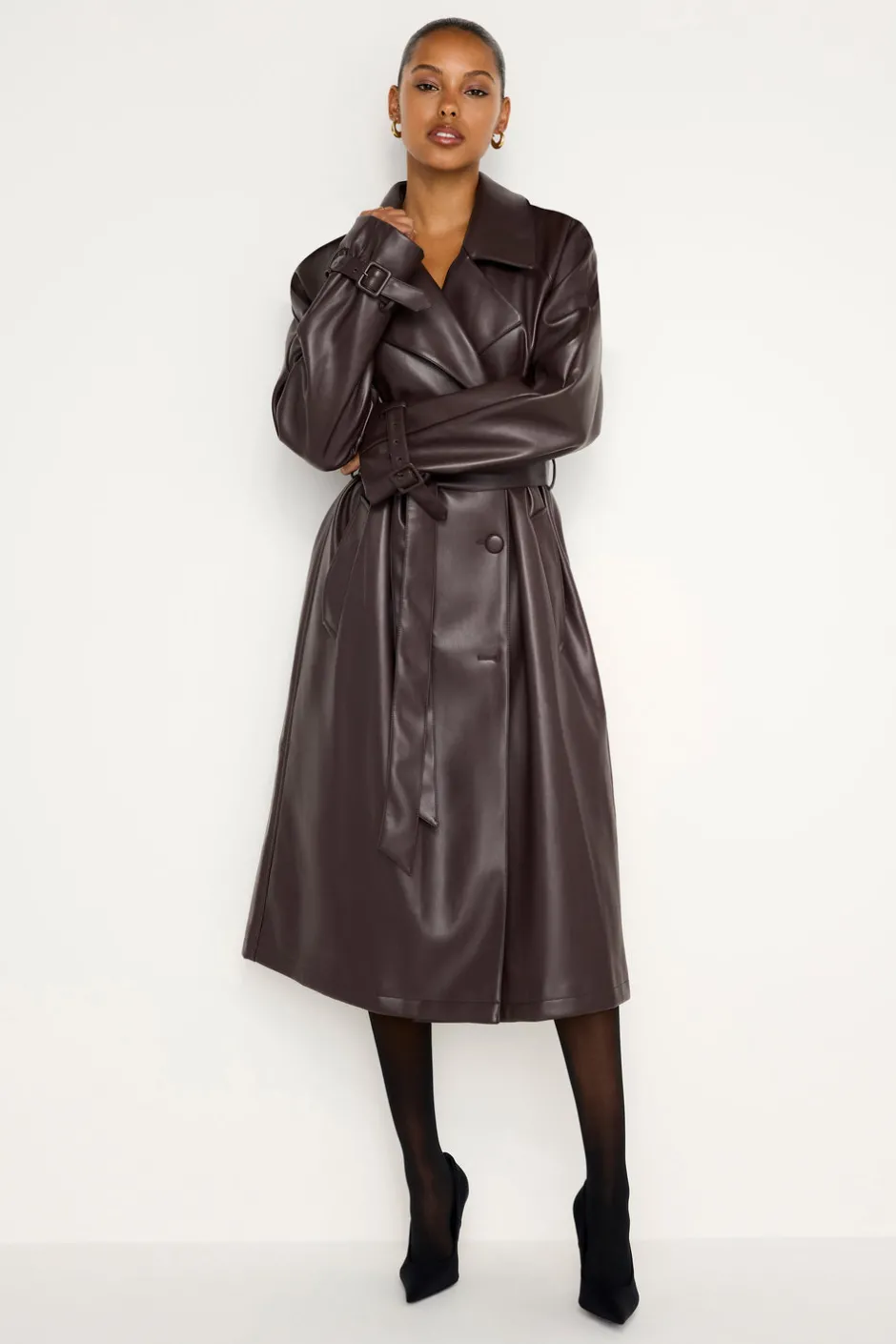 Good American Outerwear<FAUX LEATHER TRENCH COAT Bark003