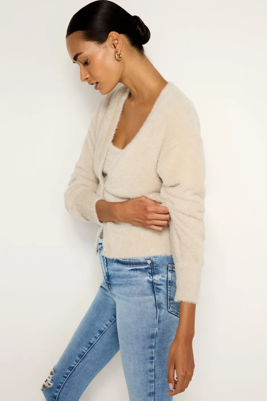 Good American Tops | Sweaters<FUZZY CARDIGAN Flax001
