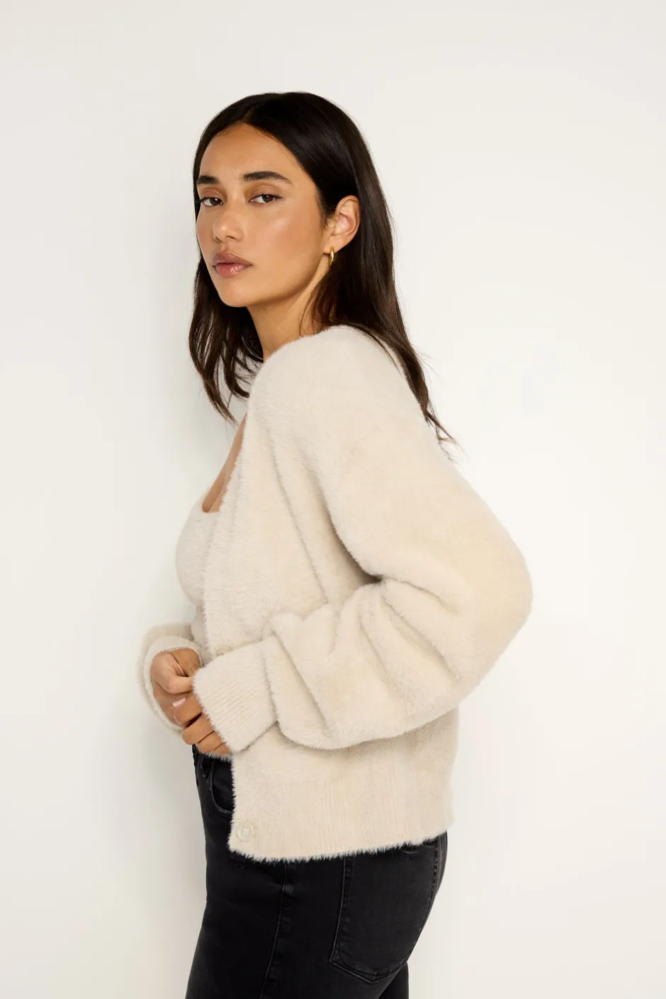 Good American Tops | Sweaters<FUZZY CARDIGAN Flax001