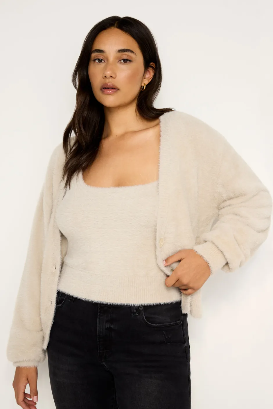 Good American Tops | Sweaters<FUZZY CARDIGAN Flax001