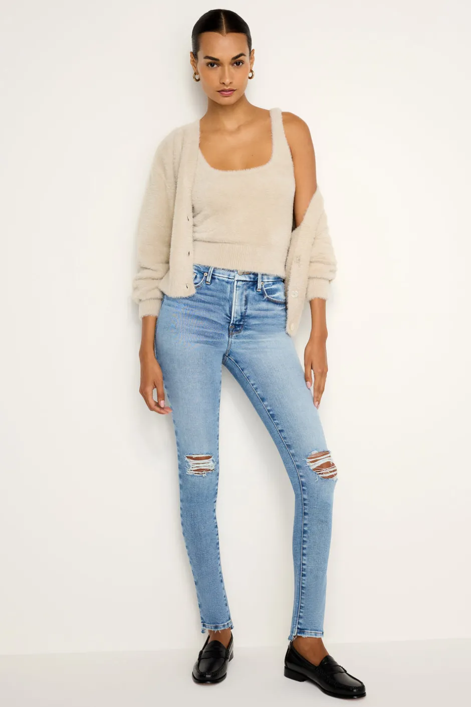 Good American Tops | Sweaters<FUZZY CARDIGAN Flax001