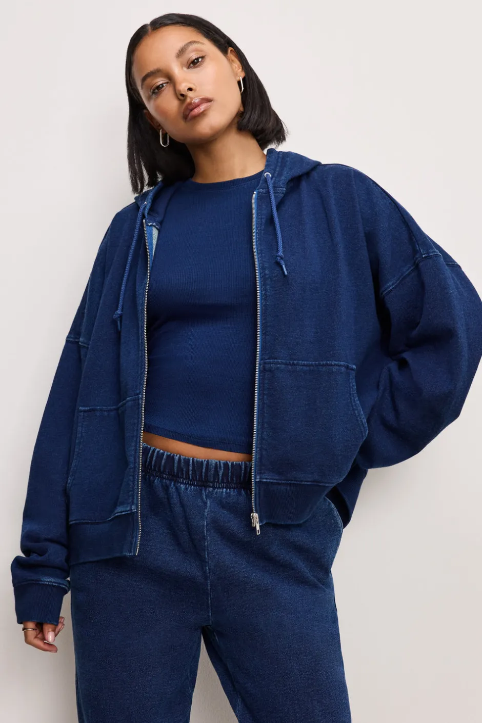 Good American Tops | Sweaters<JEANIUS BOXY ZIP HOODIE Indigo377