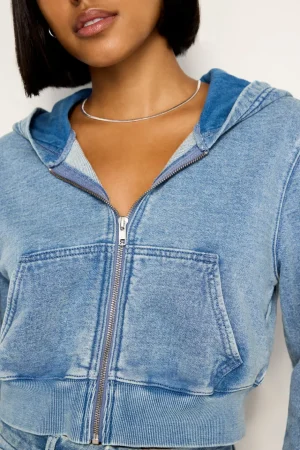 Good American Tops | Sweaters<JEANIUS CROPPED ZIP HOODIE Indigo586