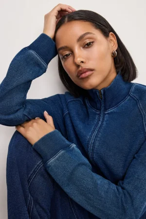 Good American Tops | Sweaters<JEANIUS HALF ZIP SWEATSHIRT Indigo377
