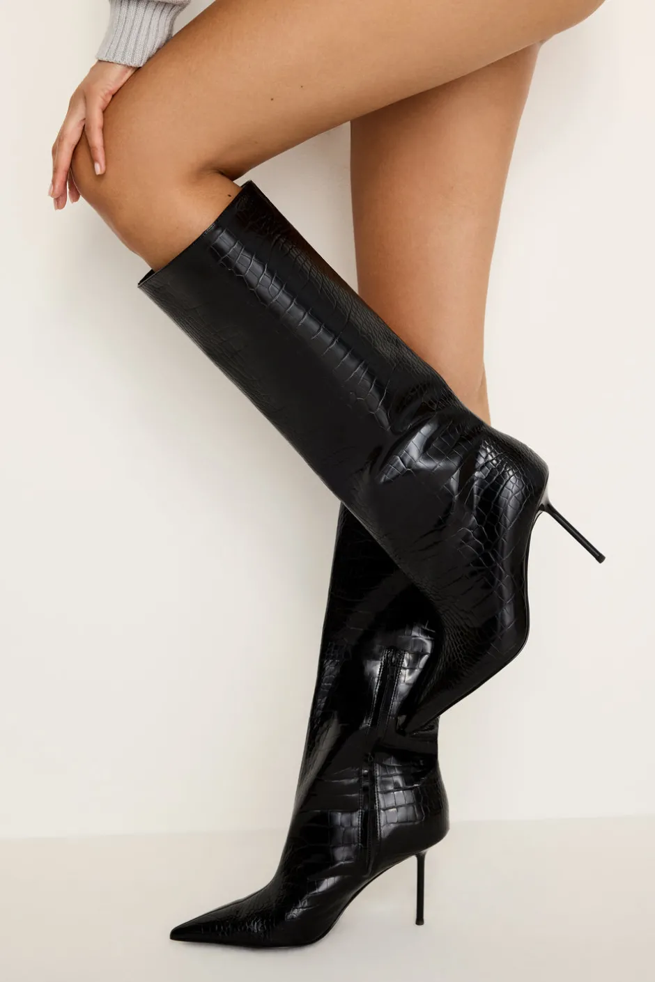 Good American Shoes<KNEE HIGH CROCODILE BOOT Black001