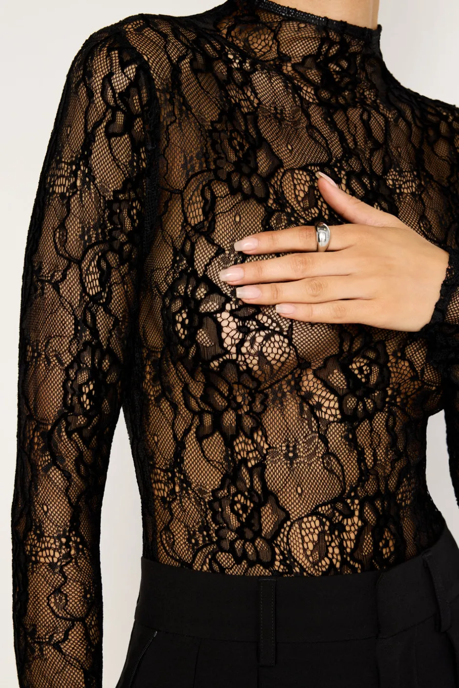 Good American Bodysuits<LACE MOCK NECK BODYSUIT Black001