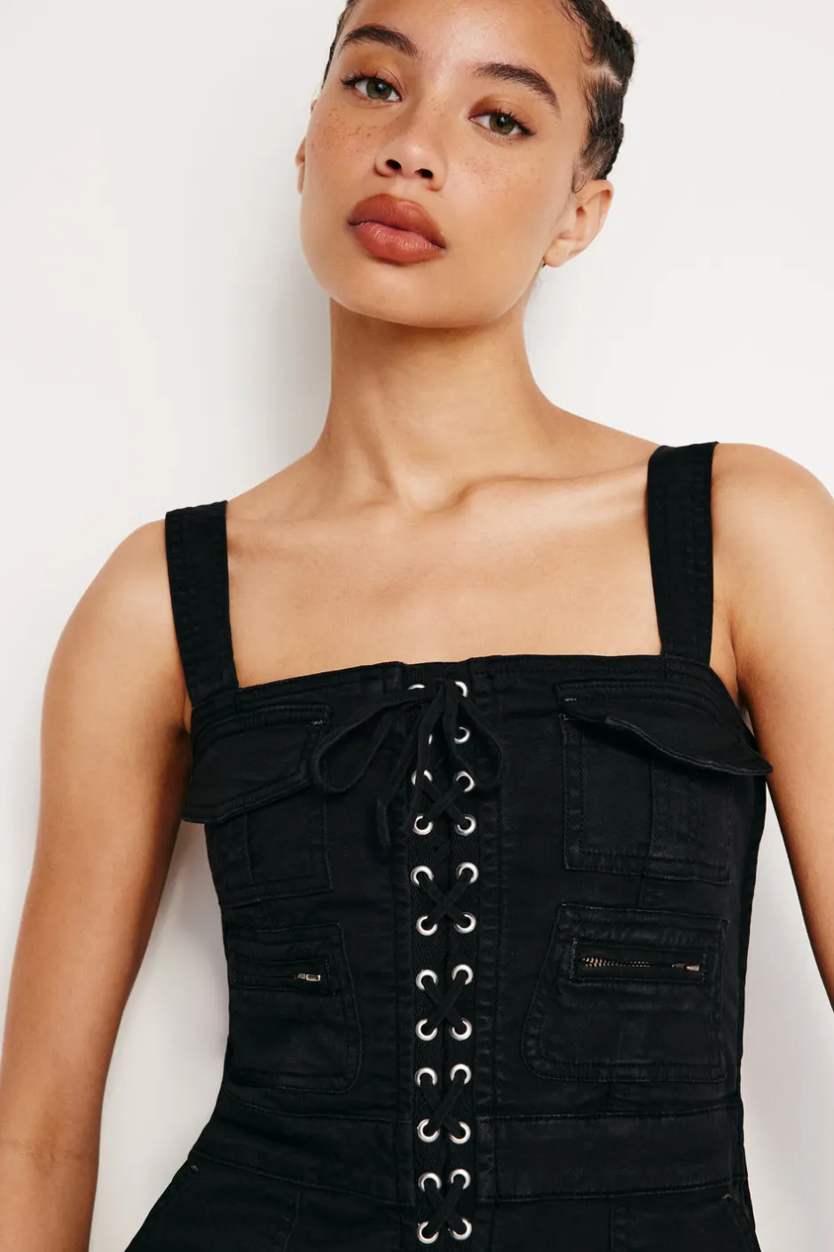 Good American Jumpsuits<LACE UP UTILITY JUMPSUIT Black001