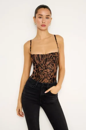 Good American Tops | Bodysuits<MESH BUSTIER BODYSUIT Warped leopard004