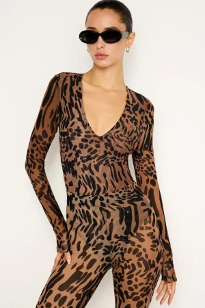Good American Tops | Bodysuits<MESH BODYSUIT Warped leopard004