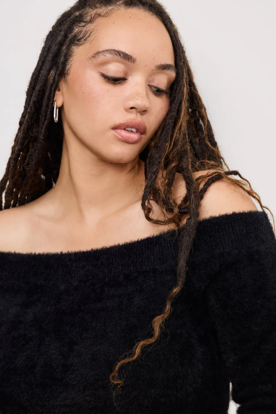 Good American Tops<OFF SHOULDER PLUSH TOP Black001