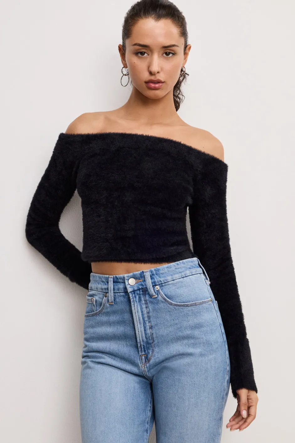 Good American Tops<OFF SHOULDER PLUSH TOP Black001