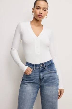 Good American Tops | Bodysuits<RIBBED HENLEY BODYSUIT Ivory001