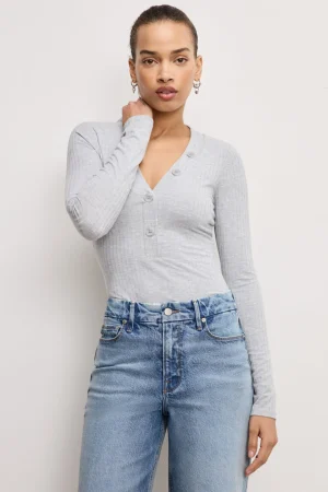 Good American Tops | Bodysuits<RIBBED HENLEY BODYSUIT Heather grey001