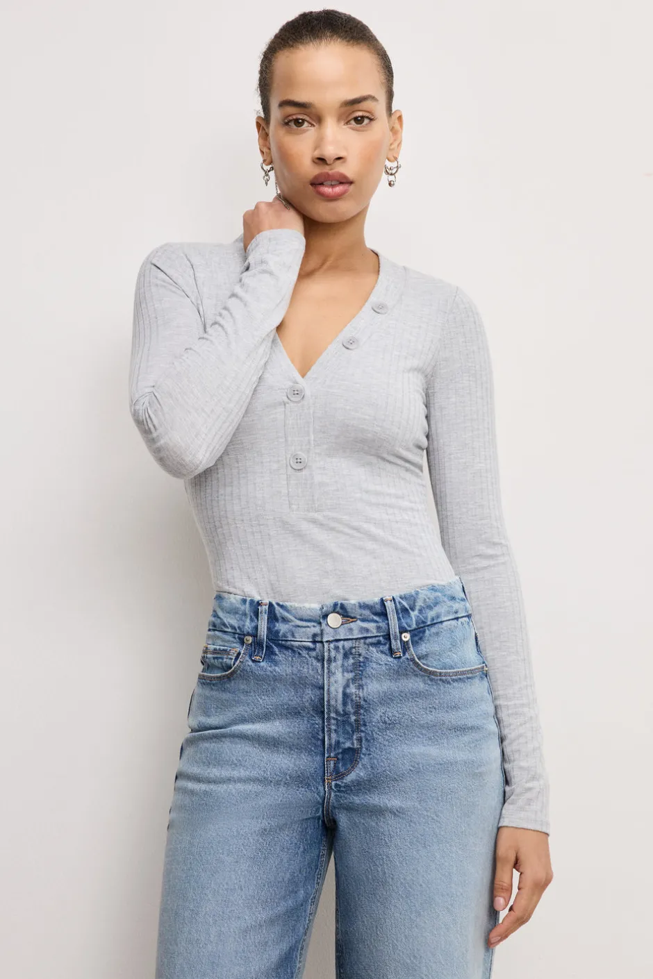 Good American Tops | Bodysuits<RIBBED HENLEY BODYSUIT Heather grey001