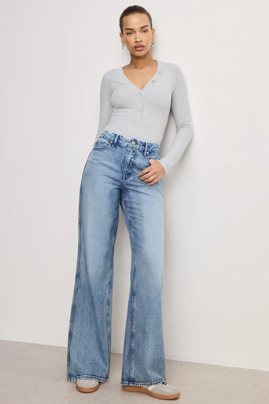 Good American Tops | Bodysuits<RIBBED HENLEY BODYSUIT Heather grey001