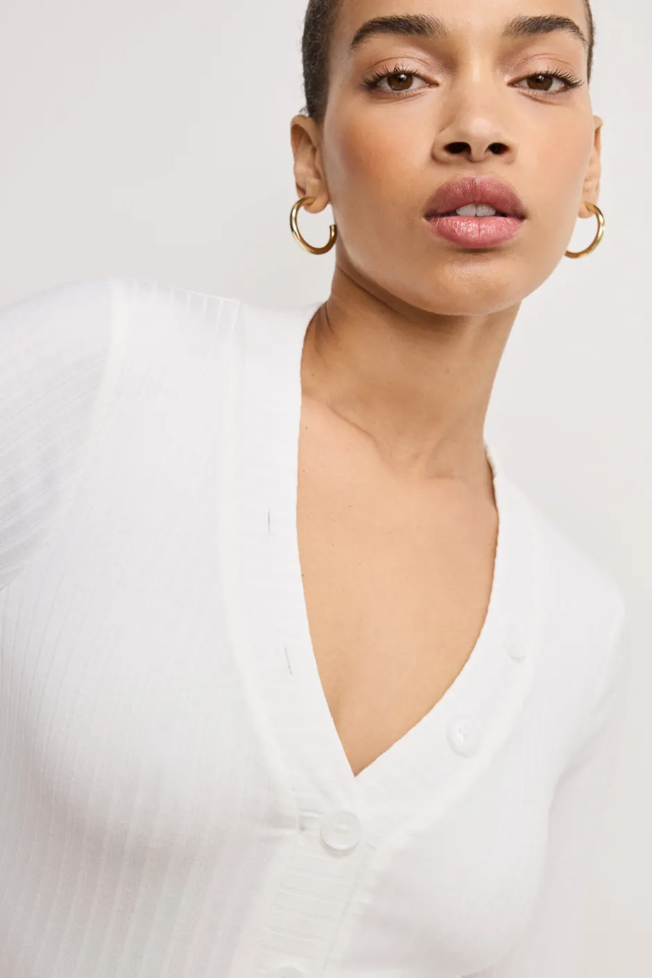 Good American Tops | Bodysuits<RIBBED HENLEY BODYSUIT Ivory001