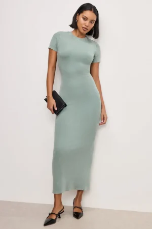 Good American Dresses<RIBBED TEE MAXI DRESS Washed fatigue green001