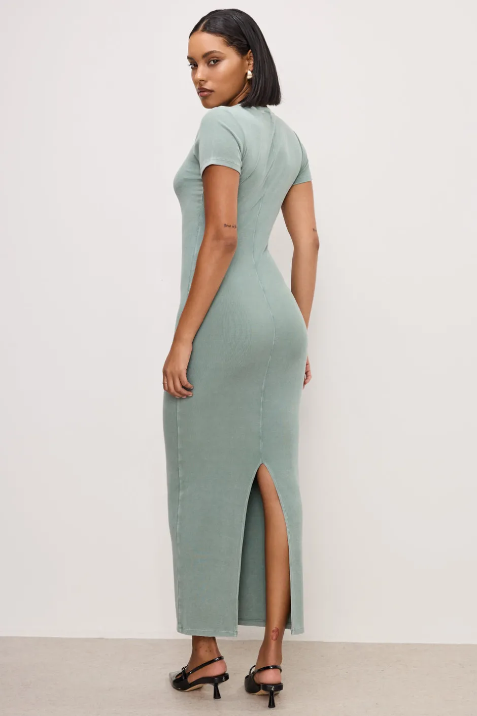 Good American Dresses<RIBBED TEE MAXI DRESS Washed fatigue green001