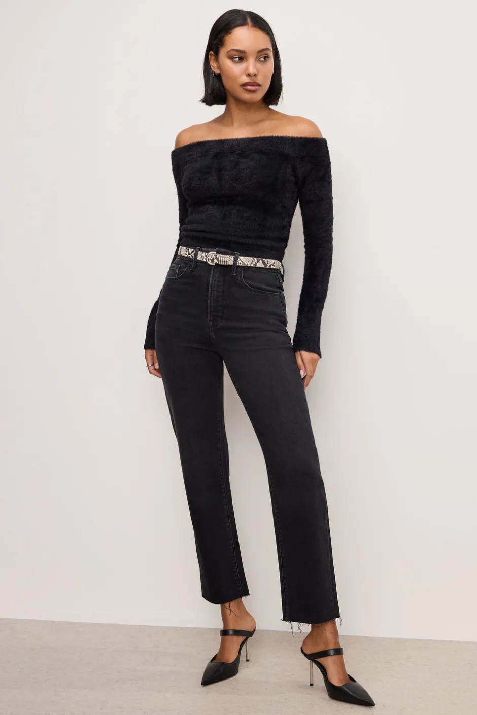 Good American Belts<SLIM 5 RING BELT Black and white snake print