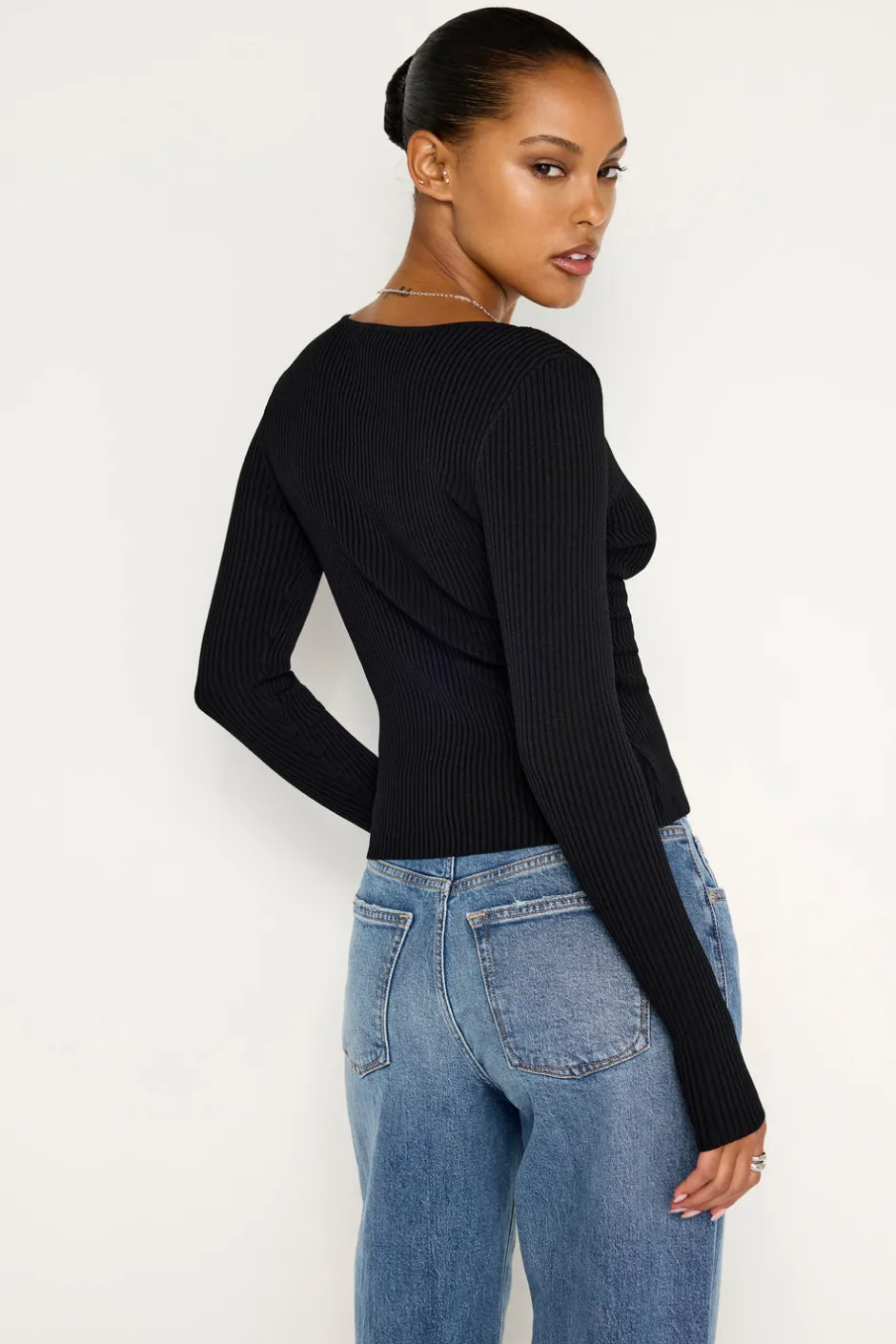 Good American Tops | Sweaters<STRETCH RIB KNIT SWEATER Black001