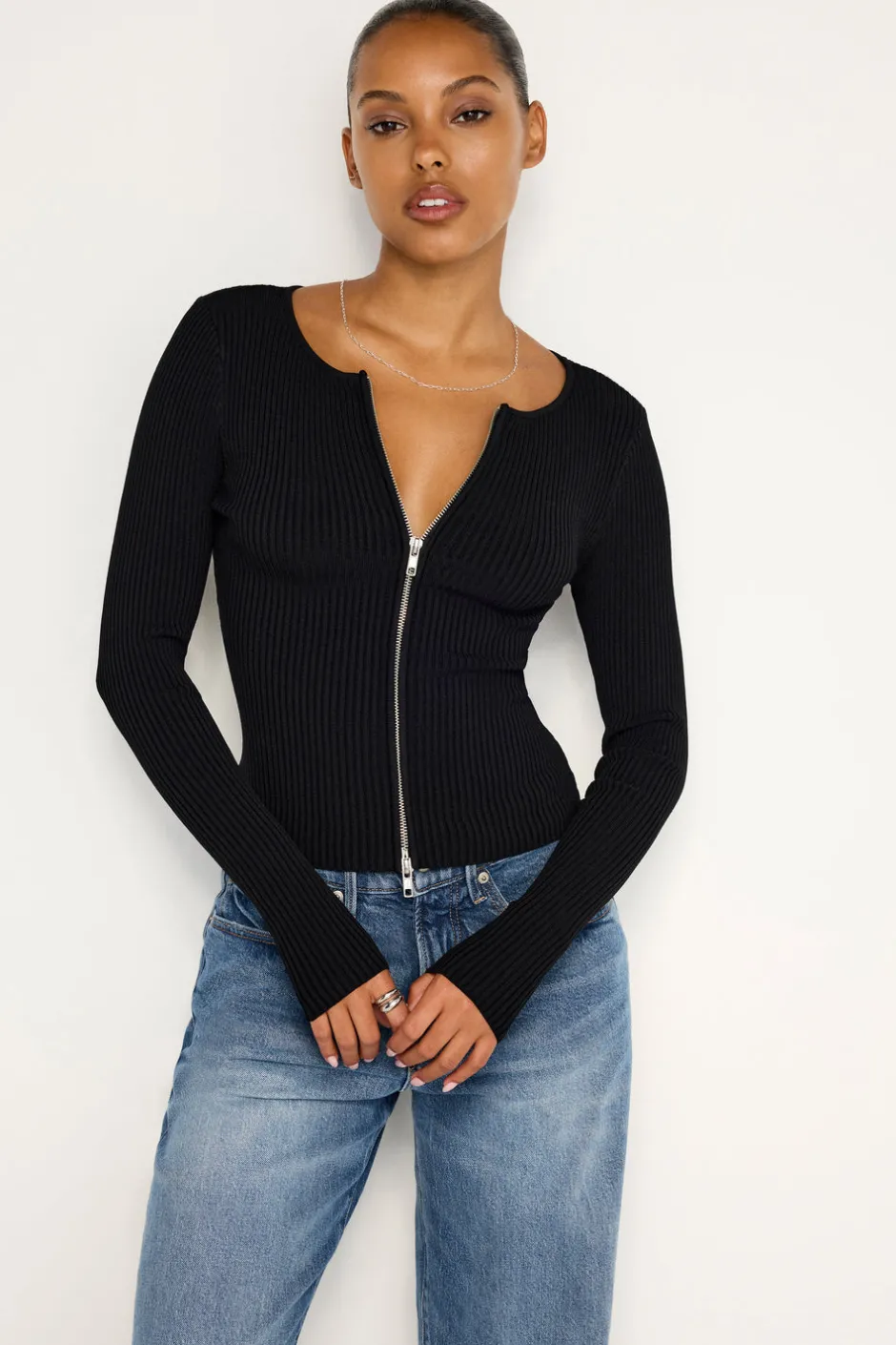Good American Tops | Sweaters<STRETCH RIB KNIT SWEATER Black001