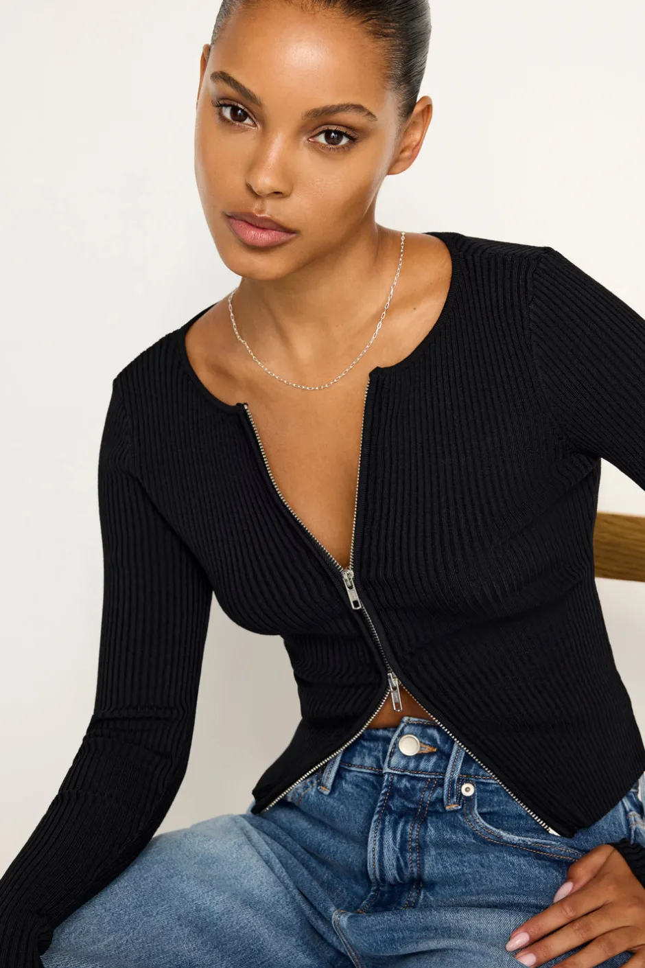 Good American Tops | Sweaters<STRETCH RIB KNIT SWEATER Black001
